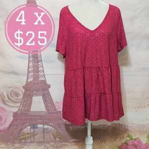Emery Rose Pink Eyelet V-Neck Tiered Top